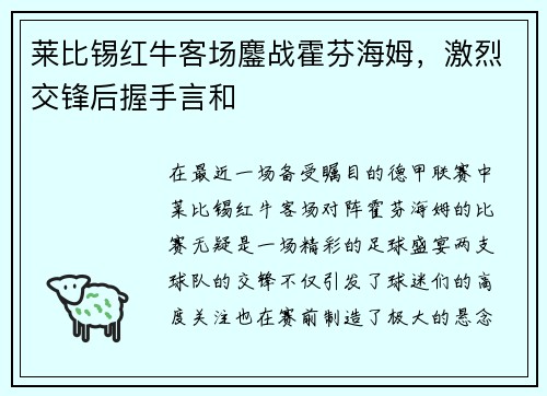 莱比锡红牛客场鏖战霍芬海姆，激烈交锋后握手言和